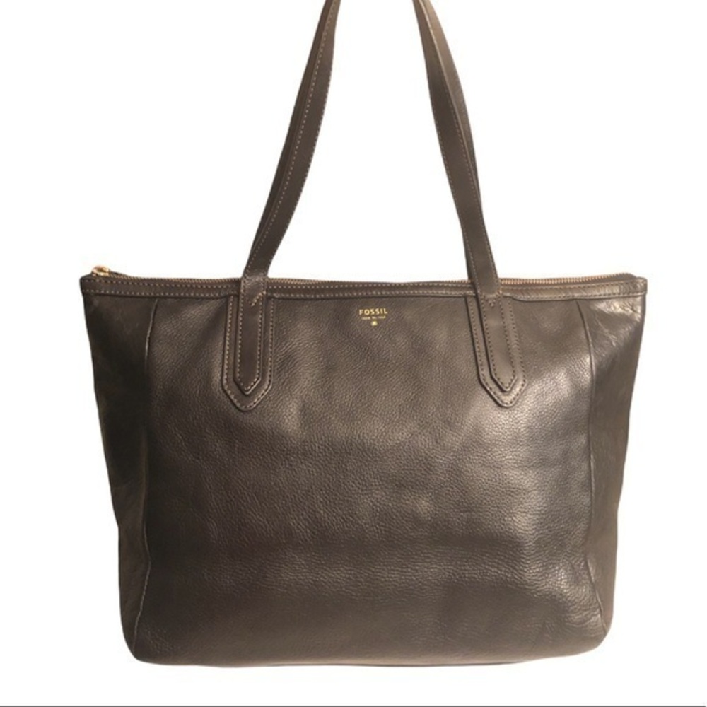 Fossil black leather zippered tote bag